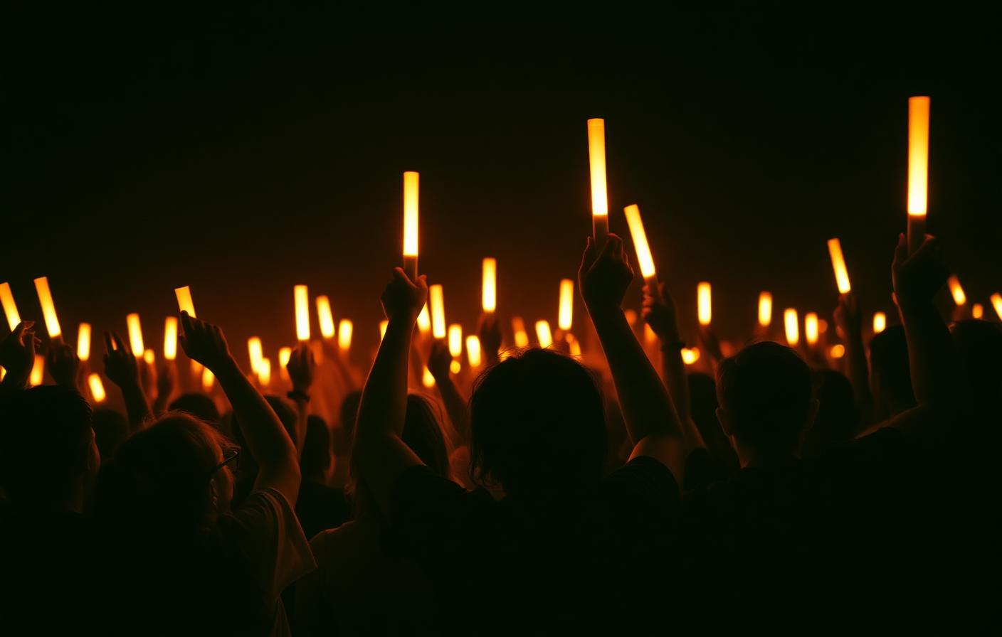 A crowd holding lightsticks in the dark