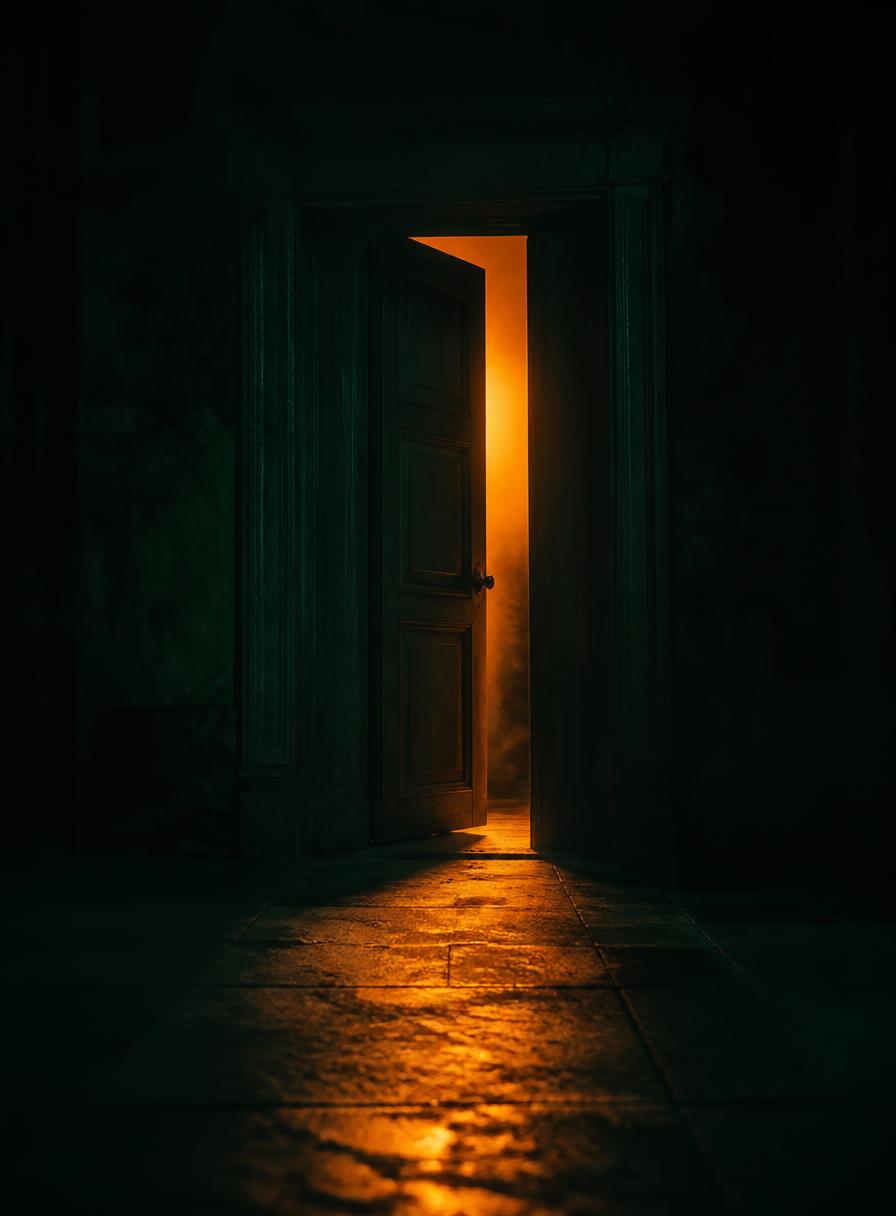 A doorway ajar in the dark with warm light spilling through