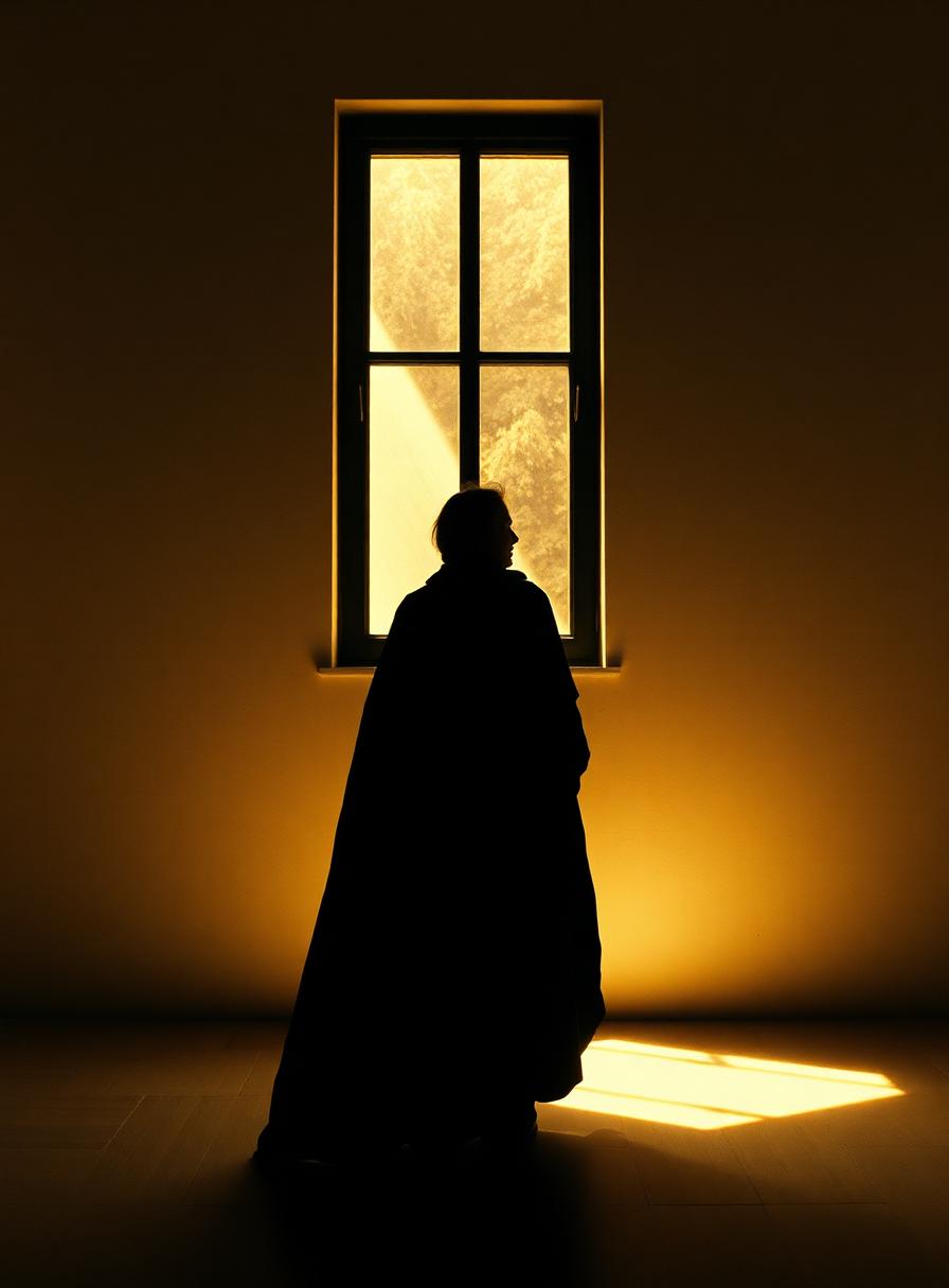 A silhouetted figure by a window in warm gold light