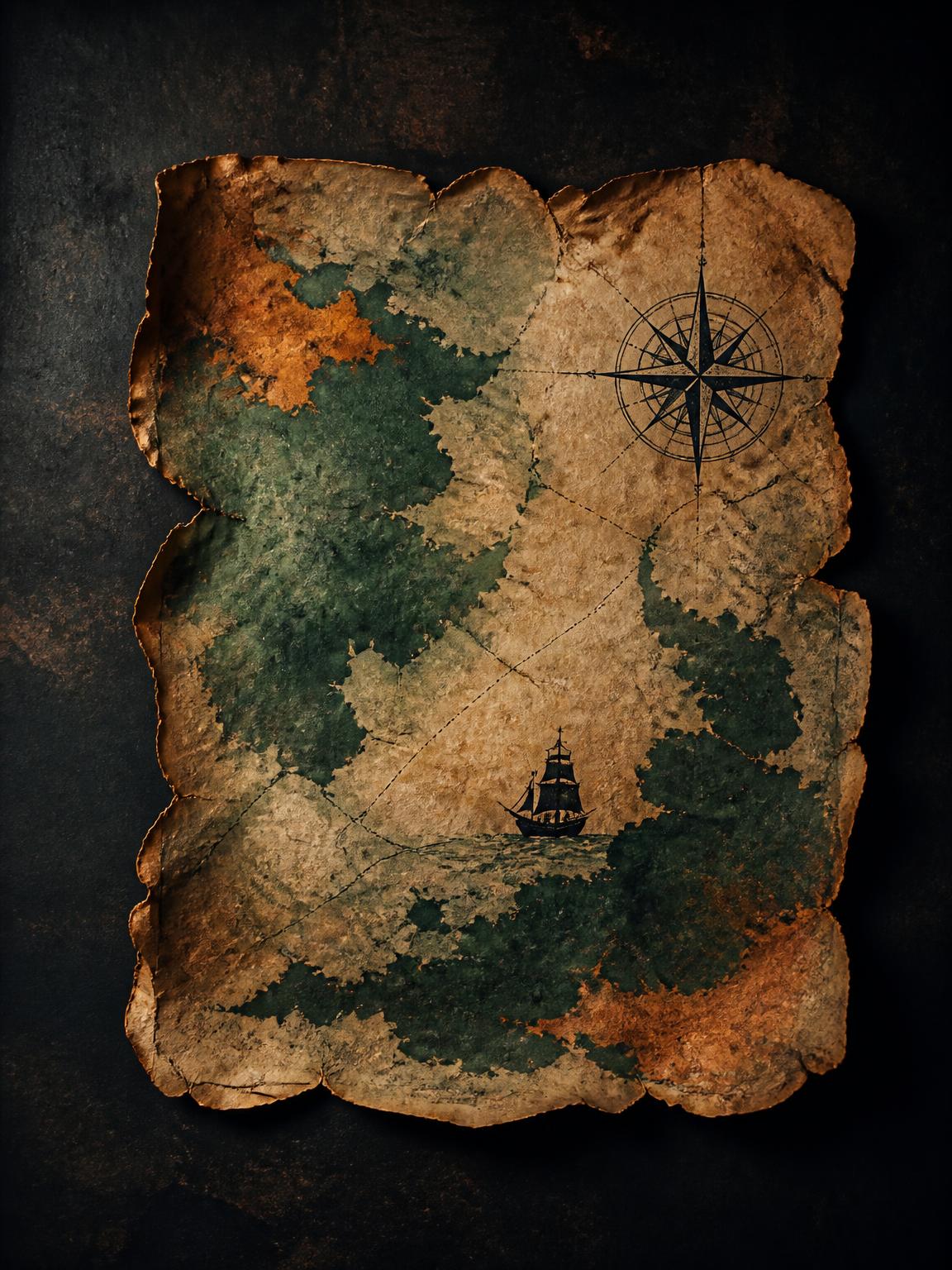 An original weathered treasure map illustration with a compass rose and a distant ship